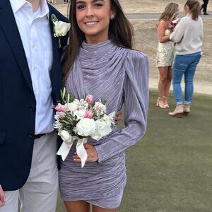 Sabina Musayev Gray Ruched Mini Dress with Bishop Sleeves